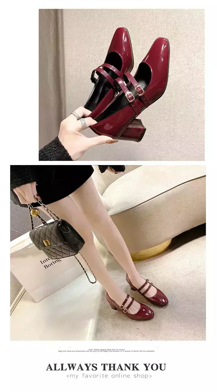 Sapatos Mary Janes de fivela dupla feminina, couro envernizado, cabeça quadrada, salto quadrado, cor sólida, primavera, outono, 2022