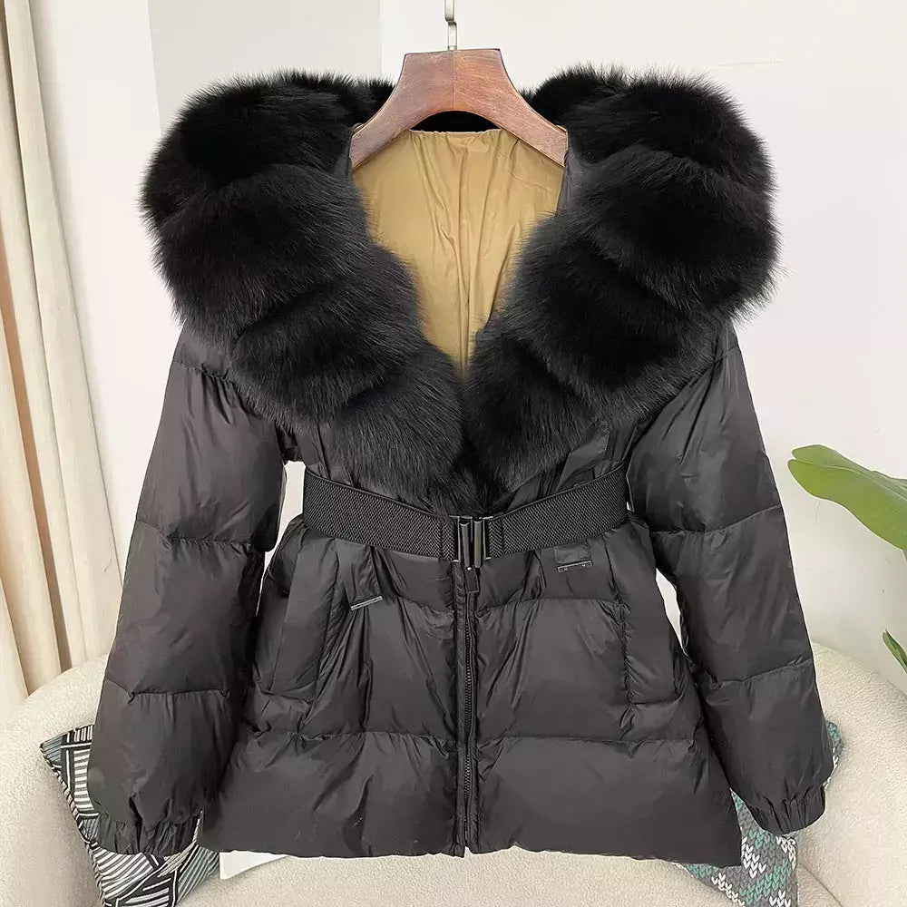 Oftbuy 2024 jaqueta de inverno feminina gola de pele de raposa natural real com capuz grosso quente 90% pato branco para baixo casaco feminino streetwear casual