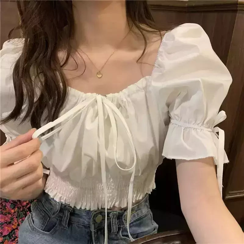 ZHUANQING-Top feminino sexy, monocromático, design de bandagem retrô, moda popular, estilo coreano, elegante feminino na faculdade, verão, novo