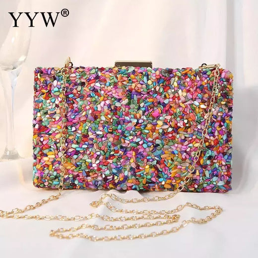 Bolsa acrílica com fecho interligado para menina, bolsa do casamento, pedra multicolorida, corrente de metal, crossbody, ombro, noite, difícil