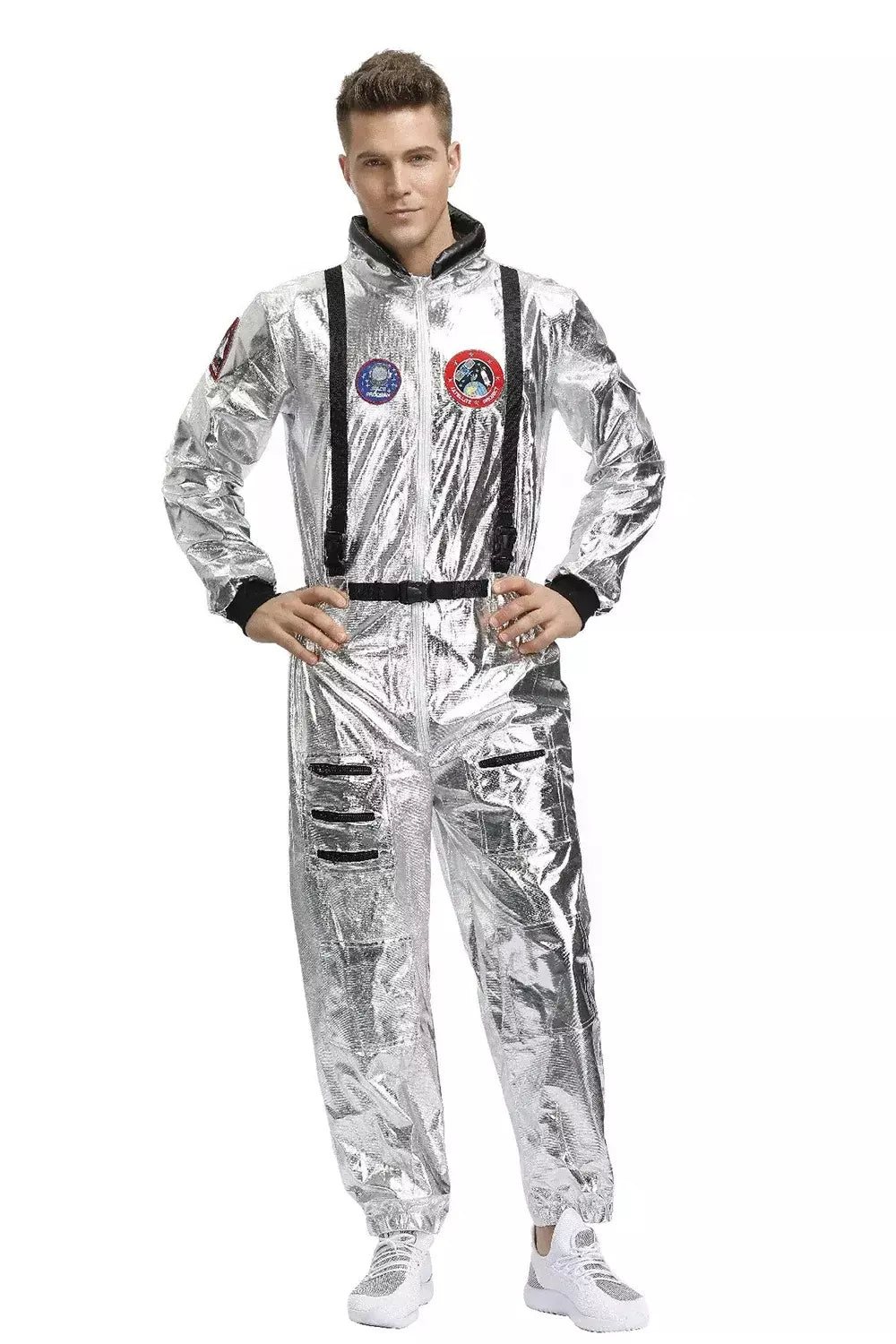 Adulto prata astronauta traje das mulheres dos homens spaceman terno espaço macacão halloween cosplay festa vestir-se
