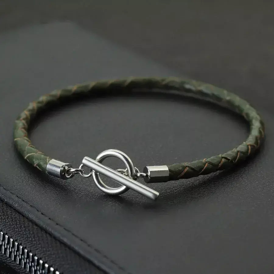 Estilo simples artesanal pulseira de couro genuíno masculino aço inoxidável ot fivela 4mm fino pulseira pulsera de cuero pulseria hombre