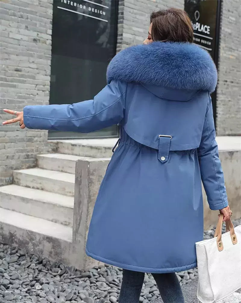 Parka longa e acolchoada feminina com forro de lã, jaqueta com capuz, gola de pele, quente, grossa, neve, roupas grandes, inverno