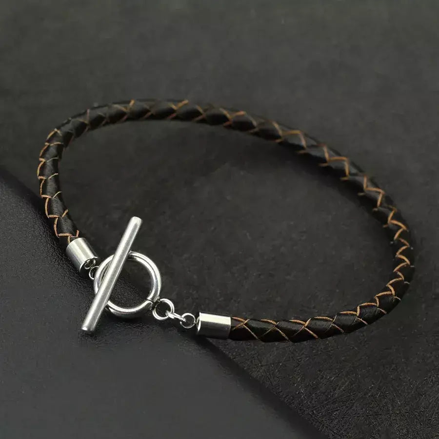 Estilo simples artesanal pulseira de couro genuíno masculino aço inoxidável ot fivela 4mm fino pulseira pulsera de cuero pulseria hombre