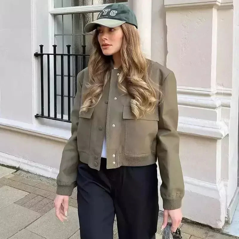 Jaqueta Bomber Cropped feminina, Casaco de manga comprida, Beisebol de botões, Casaco Aviador, Preto, Branco, Outono, Inverno