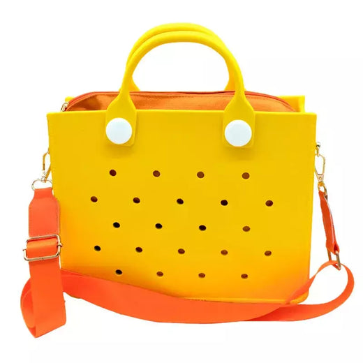 Saco de praia impermeável com furos, sacola transversal do corpo, acessórios de encantos adequados DIY, sacos de jantar feminino, elegante