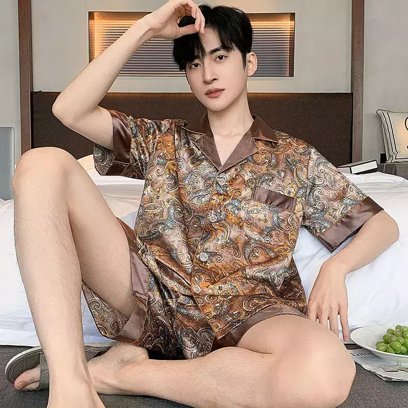 Conjuntos de pijama masculino de cetim de seda manga comprida, pijamas masculinos, camisola estampada, Casa, Soft Cozy Sleepwear Calças, Novo