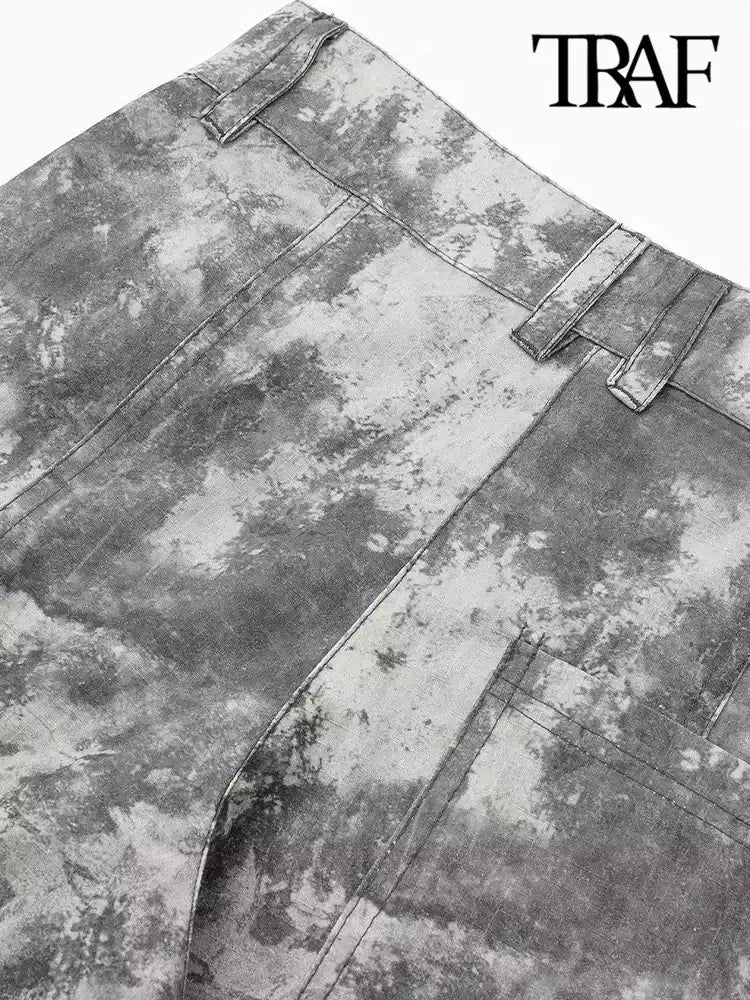 Calças TRAF-Cargo para Mulheres, Patch Pockets, Impresso, Cintura Média, Fly com Zíper, Streetwear, Calças Femininas, Moda