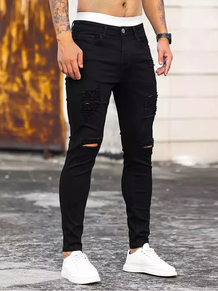 Moda masculina rua rasgado jeans preto puro estiramento apertado pequeno pé lápis calças namorado clube roupas denim ropa hombre