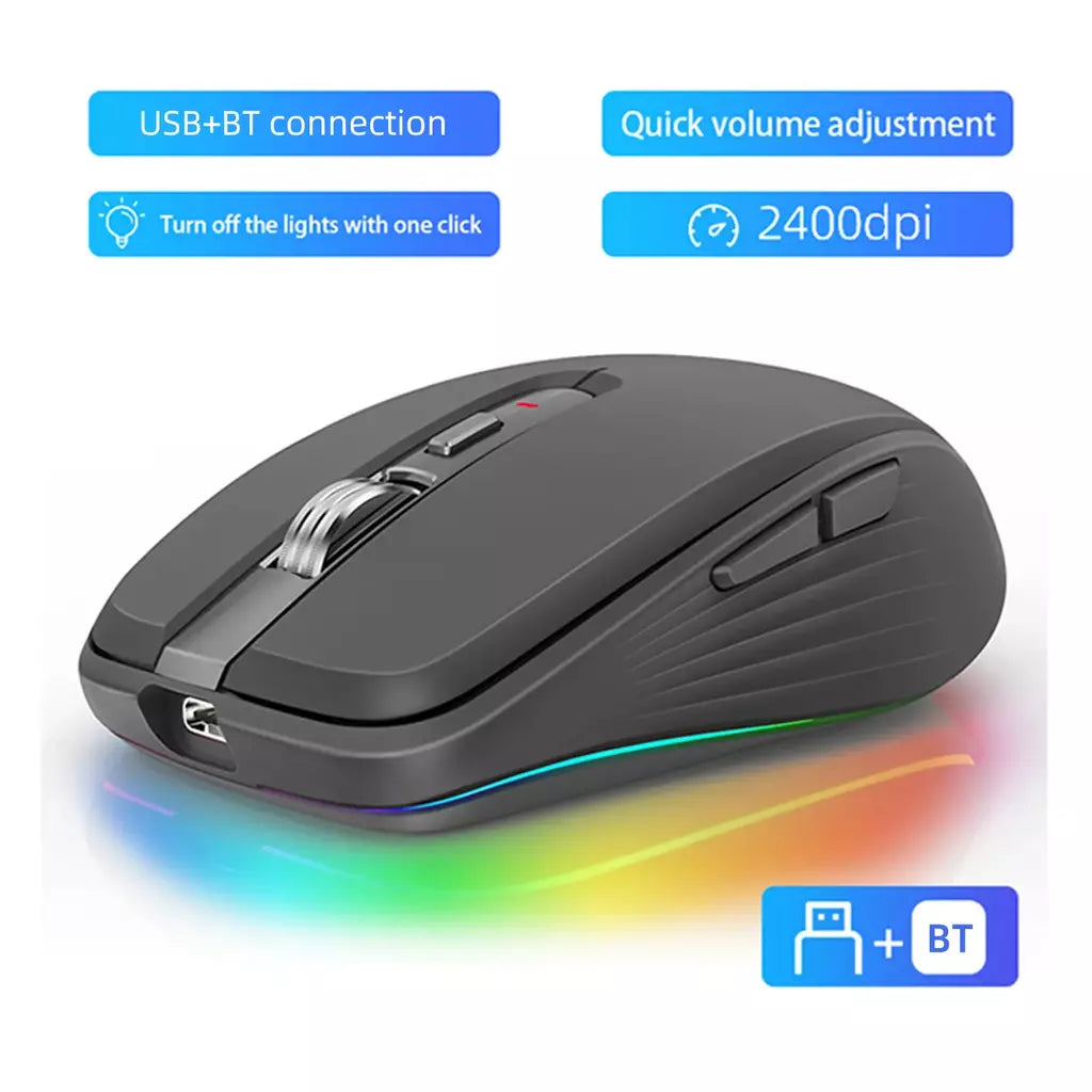 Mouse sem fio de modo duplo USB2.4G + BT5.1 Tipo-C Mouse para jogos recarregável Design ergonômico 2400 DPI com mouse de luz RGB