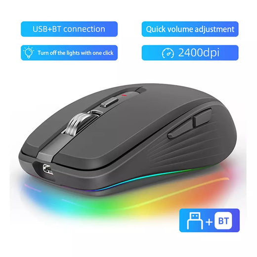 Mouse sem fio de modo duplo USB2.4G + BT5.1 Tipo-C Mouse para jogos recarregável Design ergonômico 2400 DPI com mouse de luz RGB