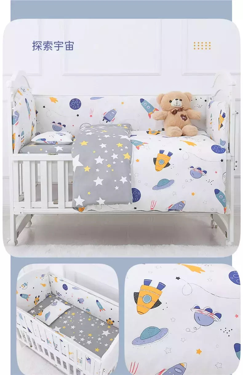 Universo Espaço Algodão cama do bebê Set, Crib Roupa de cama, Kids 'Bedroom Decor, Baby Girl and Boy's Crib, Bed Bumper, Bedsheet and Pillow, 6PCs