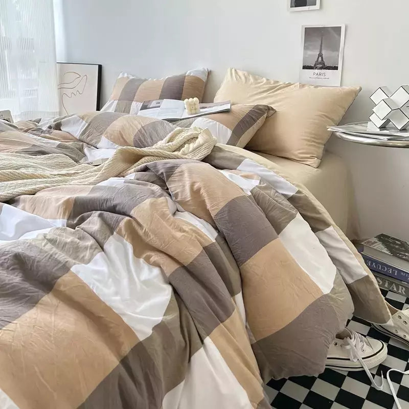 Conjunto de roupa de cama de algodão lavado, listrado, grade, lençol minimalista, consolador, capa de edredão rainha, duplo para meninos e meninas