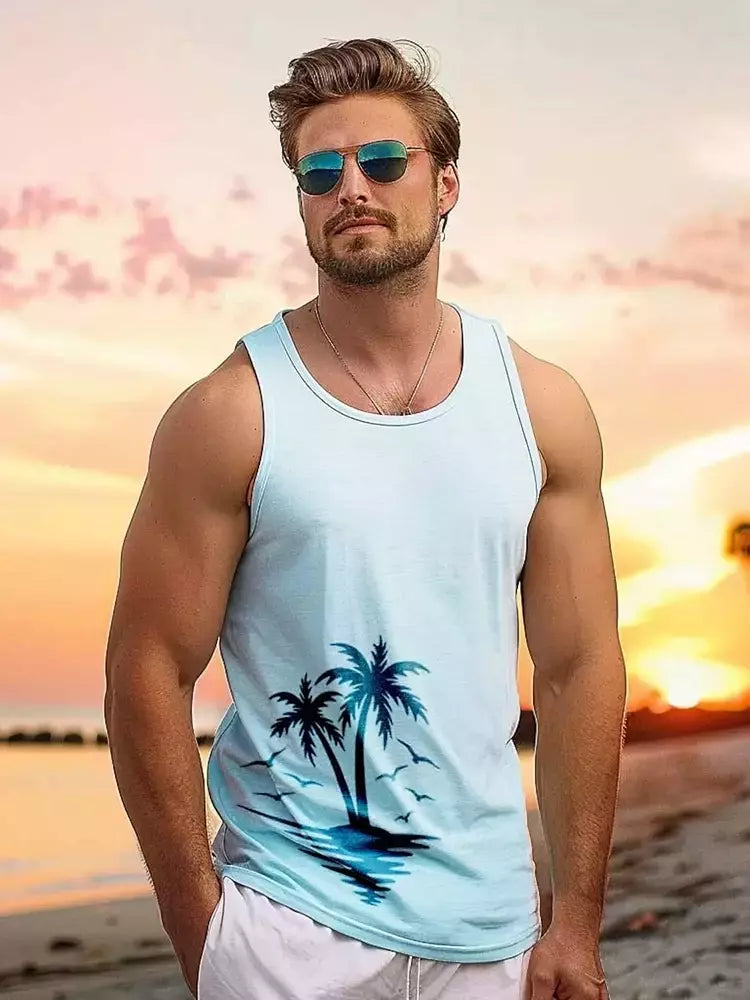Camisola regata havaiana masculina, camiseta sem mangas, festa na praia, fitness ao ar livre, estampa 3D palmeira, verão, novo, 2022