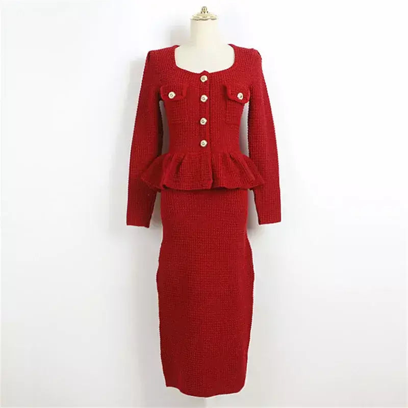 Vestido feminino 2025 primavera novo elástico de malha vestidos longos ombro almofada fino ajuste vestido de manga comprida falso vestidos de festa de duas peças