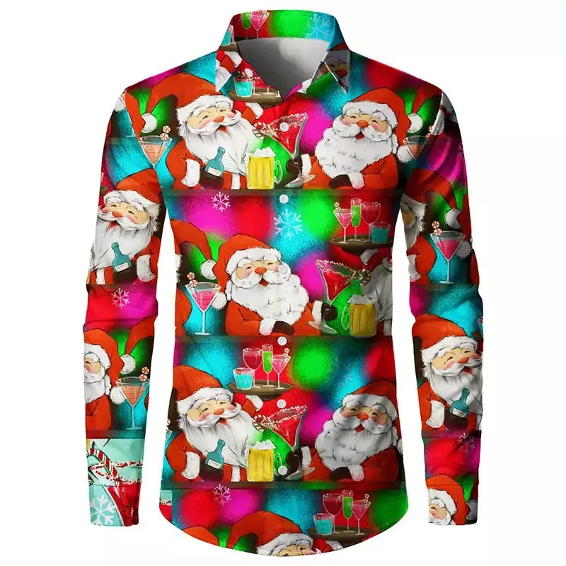 Engraçado feliz natal lapela camisas masculinas papai noel cosplay gráficos camisas de manga comprida, roupas masculinas ternos falsos camisas
