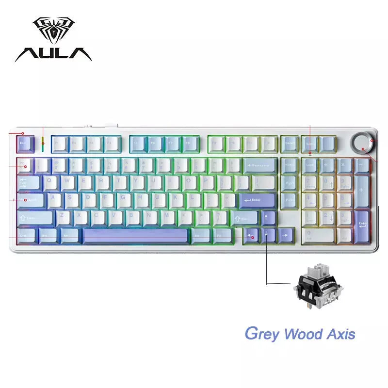 Teclado mecânico para jogos AULA F99PRO, 99 teclas, três modos, sem fio, estrutura de junta permutável, teclado personalizado com botão de mídia