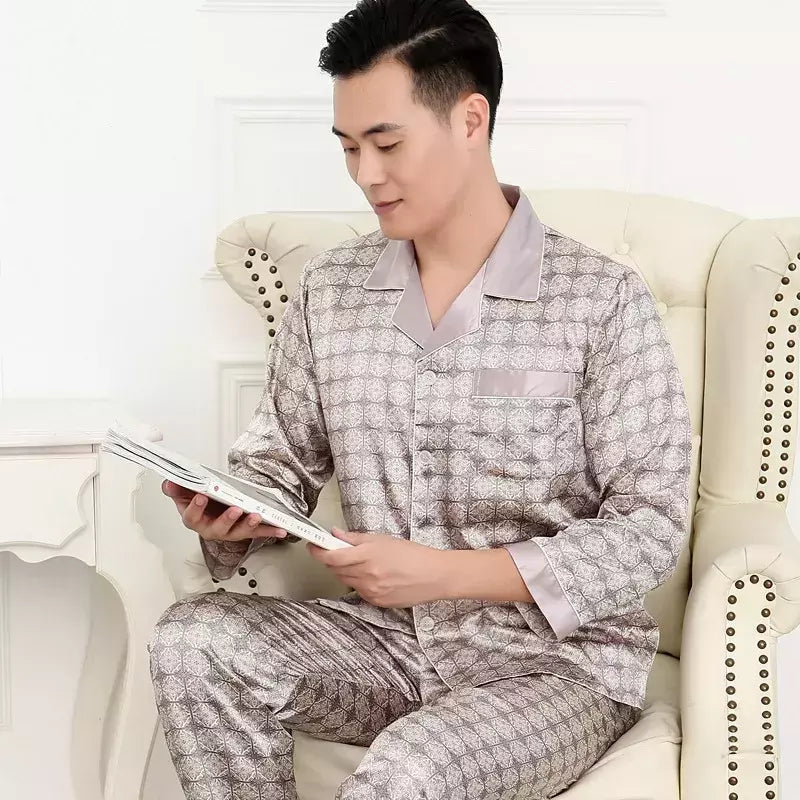 Conjuntos de pijama masculino de cetim de seda manga comprida, pijamas masculinos, camisola estampada, Casa, Soft Cozy Sleepwear Calças, Novo