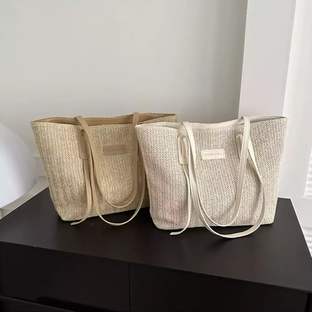 Sacola tecida estilo minimalista para mulheres, grande capacidade, bolsa de praia casual, tecido grama, bolsa de ombro, verão, 1 pc