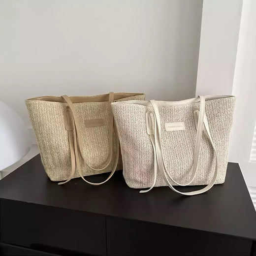Sacola tecida estilo minimalista para mulheres, grande capacidade, bolsa de praia casual, tecido grama, bolsa de ombro, verão, 1 pc