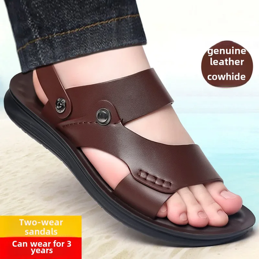 Sandálias masculinas reais de couro de vaca, sapatos de praia para motoristas, meia-idade e idosos, na moda, 2-usos, 2023, novo