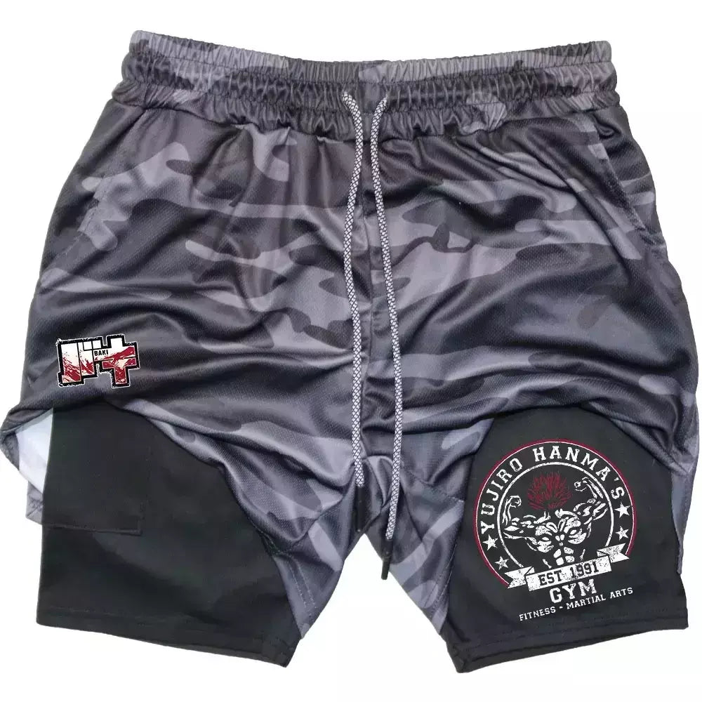 Masculino Anime 2 em 1 Calções Esportivos, Calções de Compressão Atlético Calças de Treino Fitness Running Sportwear, Desempenho Ginásio