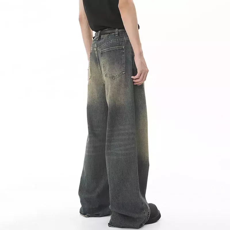 Iefb-Jeans lavado vintage masculino, calças jeans de perna larga, calças masculinas soltas, moda casual de rua angustiada, verão, versátil, 9C354