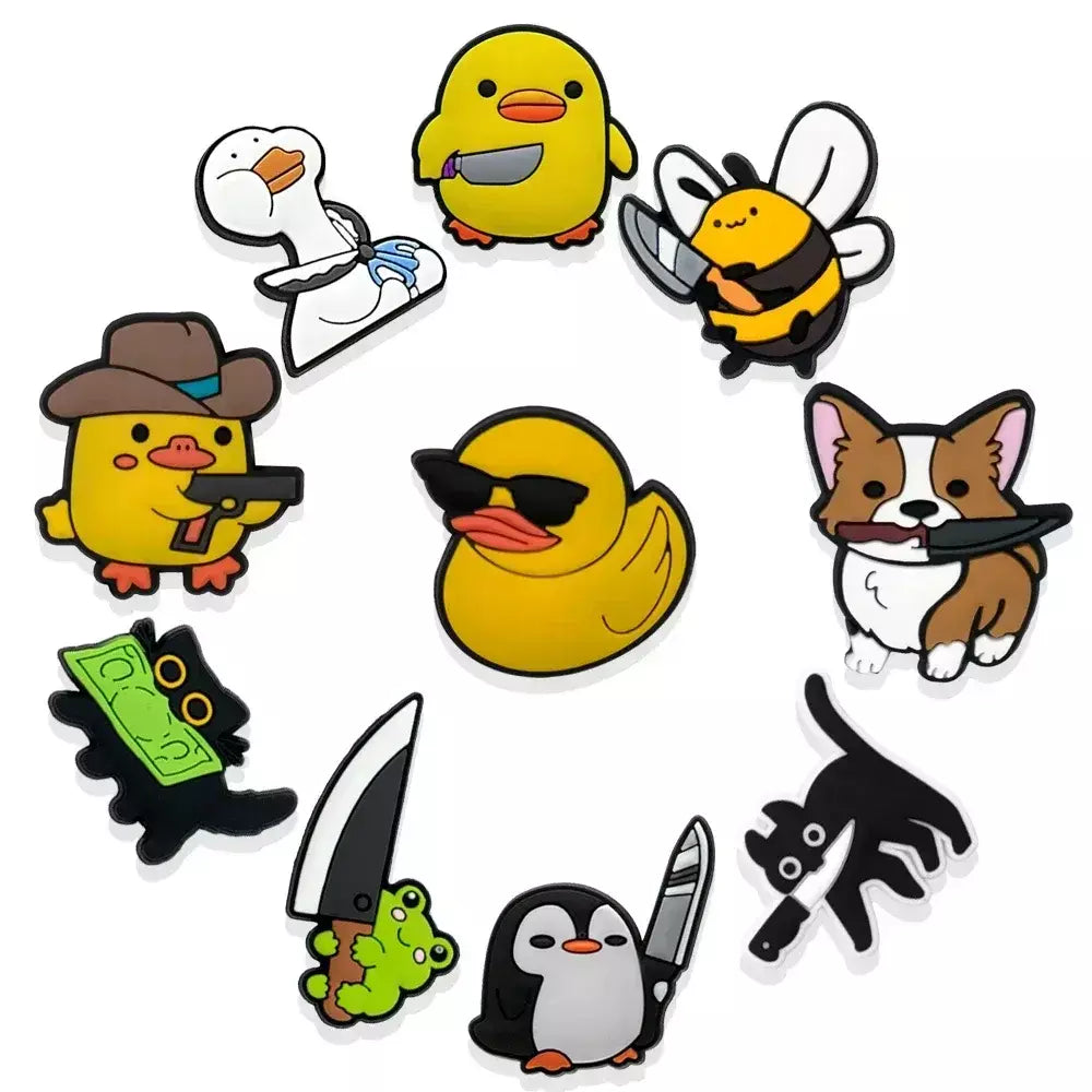 1/10 pçs animais dos desenhos animados sapato encantos patos pinguins gatos sapato decorações acessórios sapos cães pinos para mulheres crianças tamancos fivelas