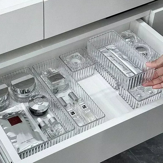Conjunto de organizadores de gaveta de mesa ilimitados, plástico, armazenamento de banheiro, organizador de maquiagem, transparente, caixa de armazenamento, acessórios de cozinha