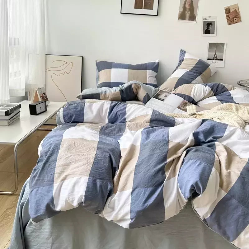 Conjunto de roupa de cama de algodão lavado, listrado, grade, lençol minimalista, consolador, capa de edredão rainha, duplo para meninos e meninas
