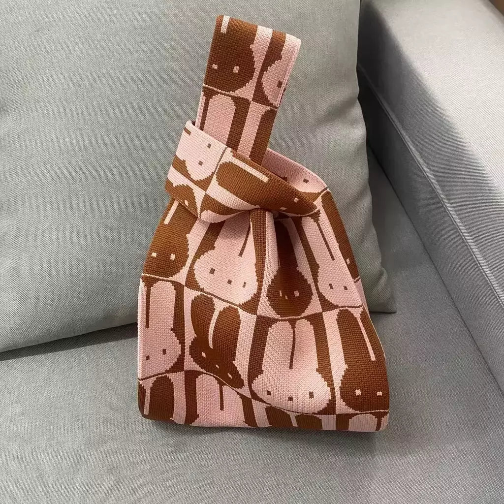 Saco de malha de nó animal para mulheres, gato coelho bonito sacola simples, bolsas de compras reutilizáveis para senhoras, moda