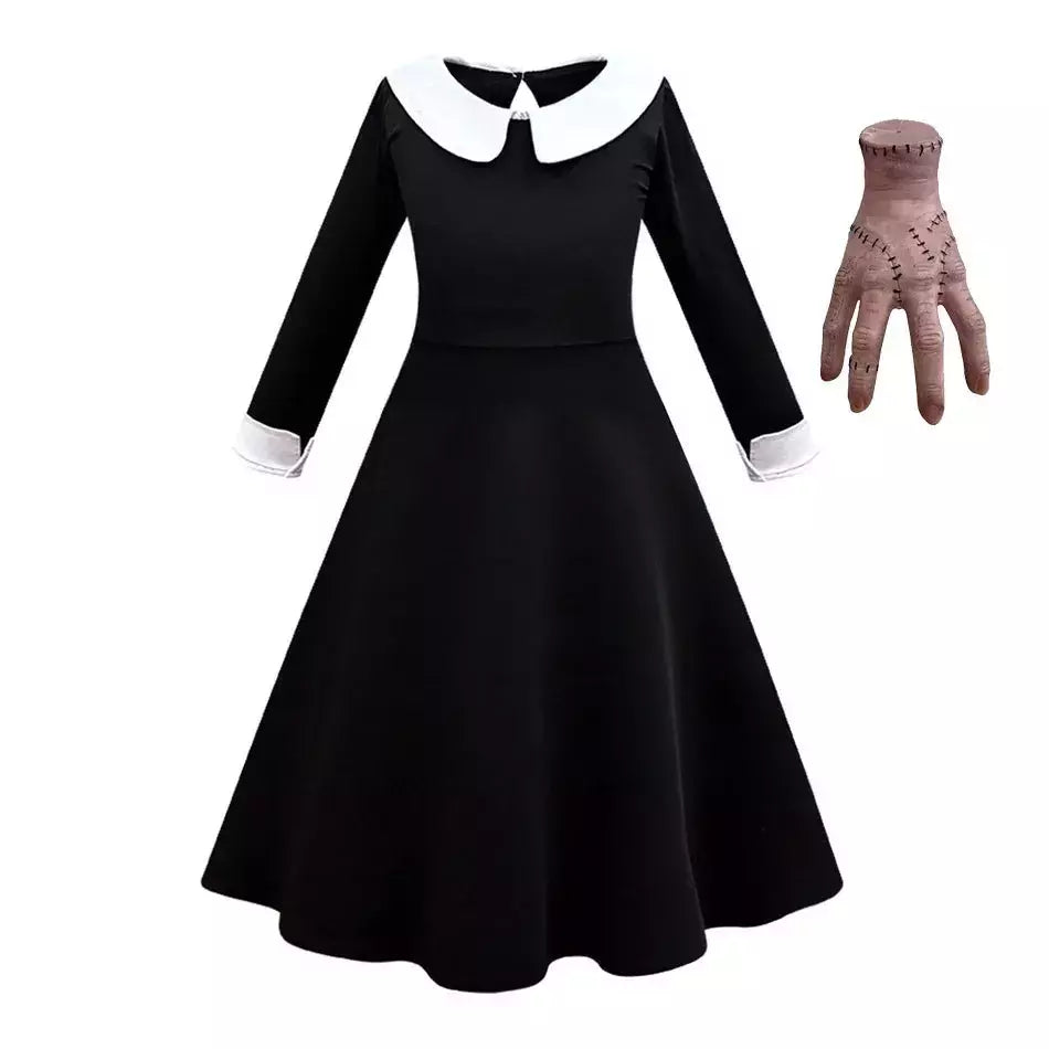 Crianças addams traje do bebê meninas família cosplay traje de halloween crianças família dança vestido preto quarta-feira pageant fantasia