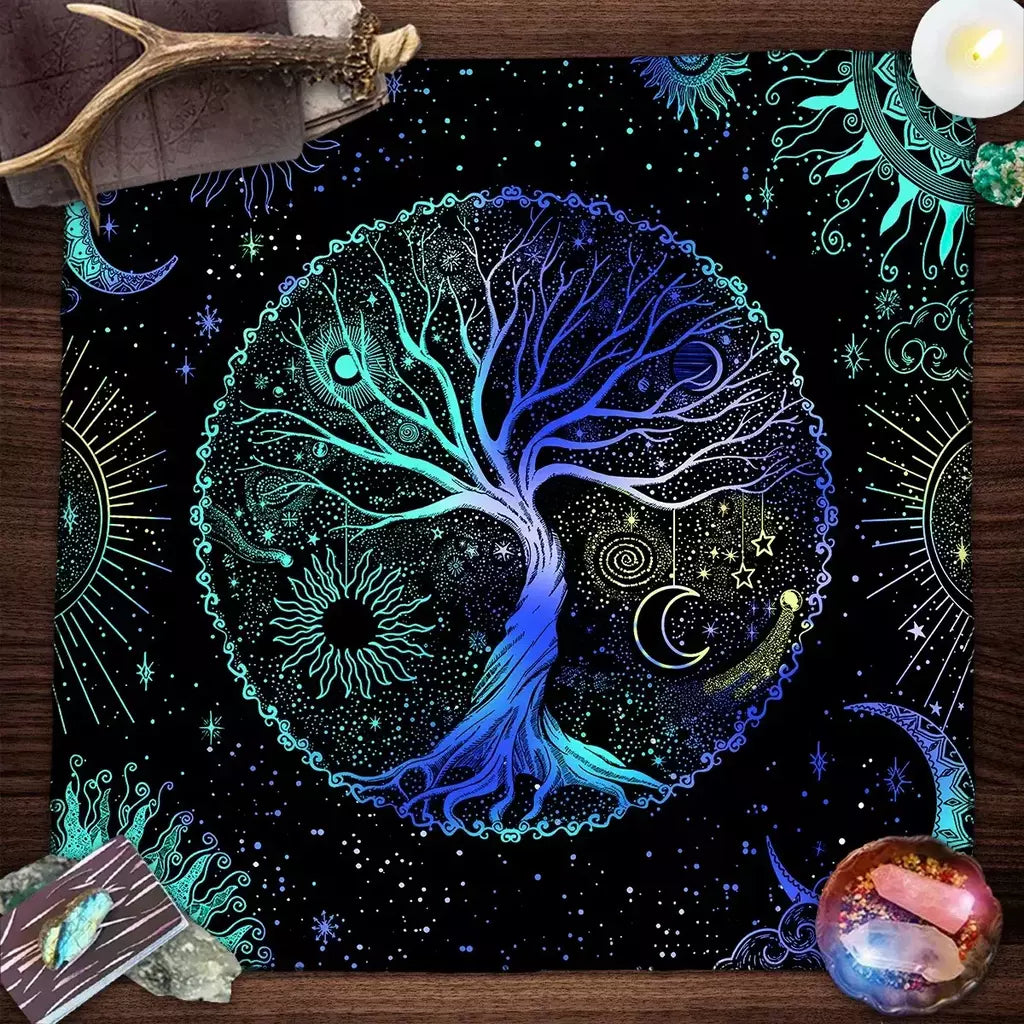 Blue Life Tree Tarot Toalha De Mesa, Tarot Cloth, Capa De Leitura, Feitiçaria, Astrologia, Sol, Lua, Céu Estrelado, Altar
