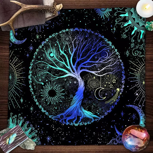 Blue Life Tree Tarot Toalha De Mesa, Tarot Cloth, Capa De Leitura, Feitiçaria, Astrologia, Sol, Lua, Céu Estrelado, Altar