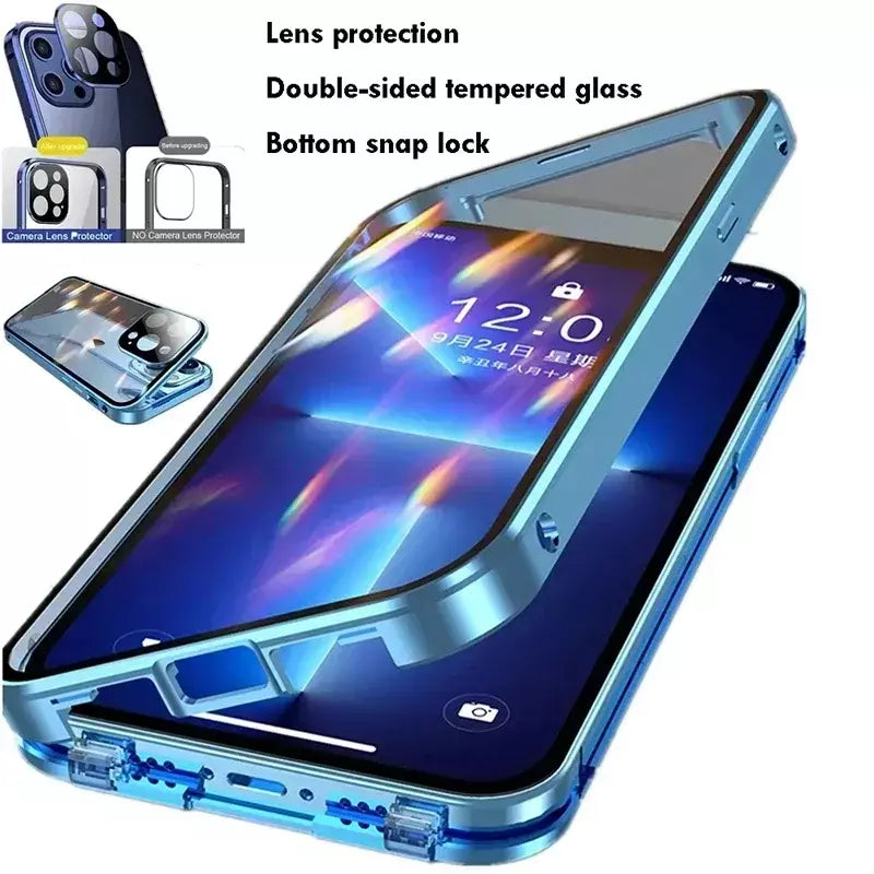 Transparente 360 ° Proteção total de metal magnético dupla face vidro imprensa caso de telefone para iphone 16e 16 pro max 14 13 12 15 pro max caso