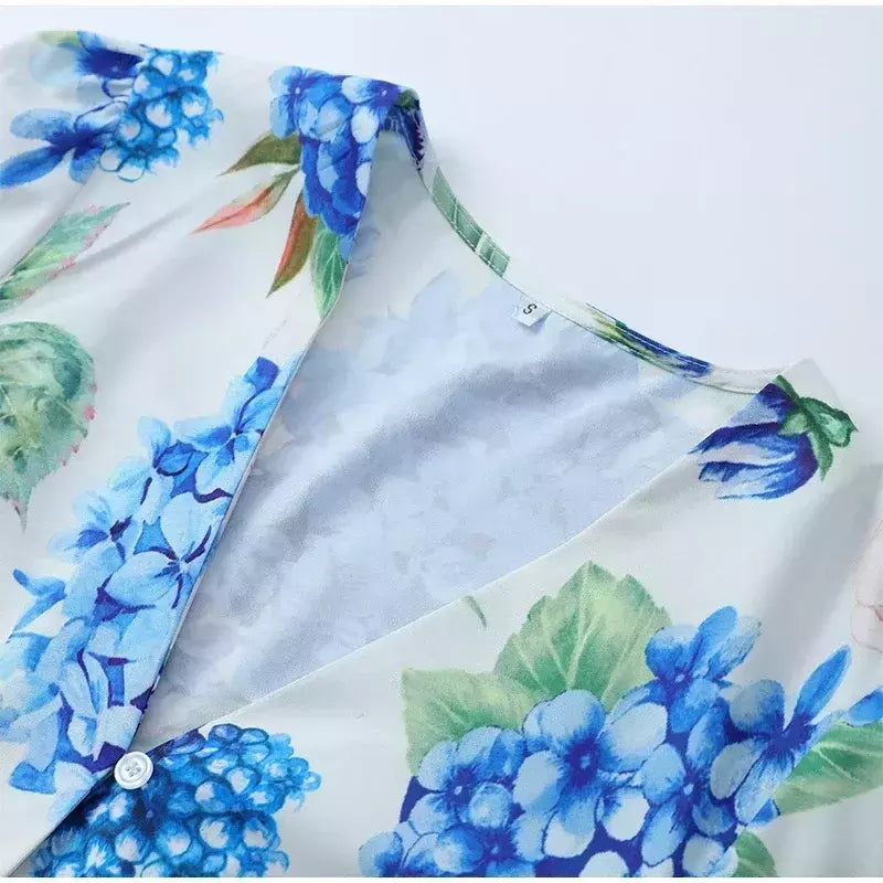 Elegante Flor Estampada Babados Mini Vestido, Em Camadas, Decote V, Sopro de Manga Comprida, Vestidos Linha A, Vestido de Festa, Moda Chique, Senhora