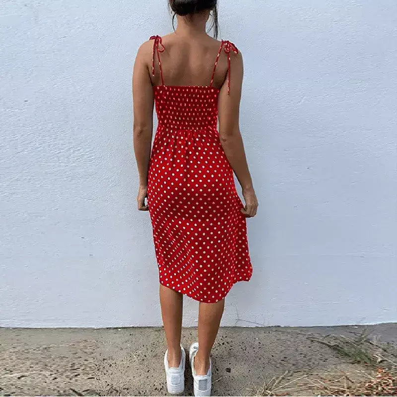 Vestidos de verão feminino causal polka dot sem mangas alta plissado cintura elástica com decote em v vestido de praia vestidos de verano