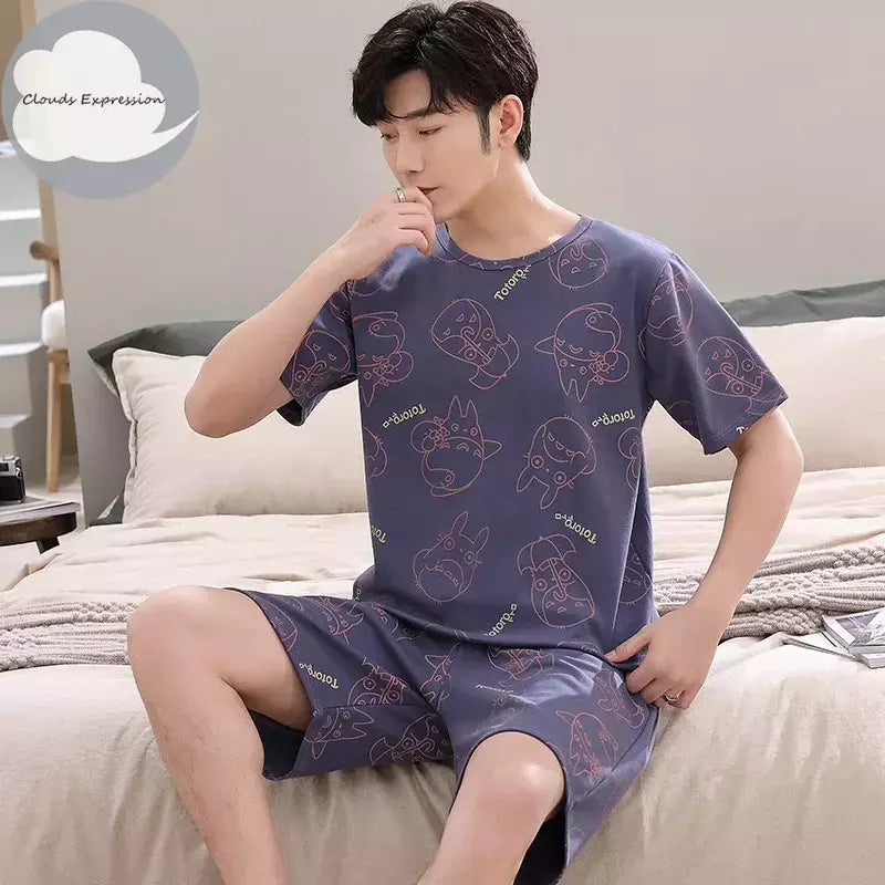Desenhos animados pato impressão pijama conjuntos para jovens amantes, pijamas de algodão, ternos curtos para casais, moda homewear, verão, 4XL