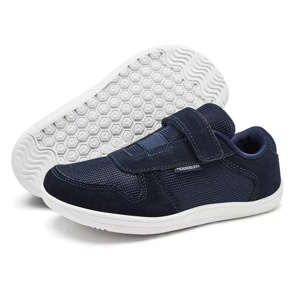 Hobibear crianças dedo do pé largo sapatos descalços pouco/grande/criança gancho loop minimalista tênis malha de couro artificial sapatos leves