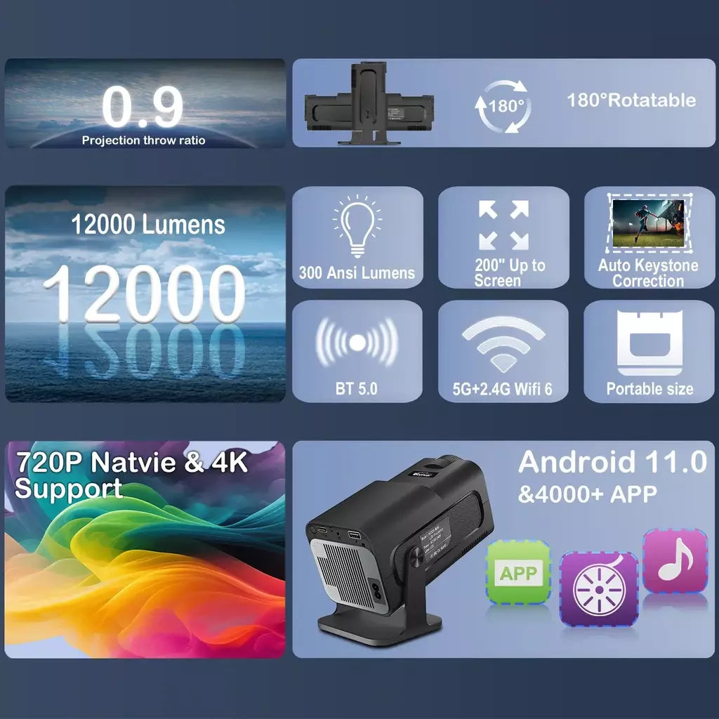 Woopker HY320 Mini Projetor Android 11 4K 720P 300ANSI Wifi6 BT5.0 Foco ultracurto 180 ° Projetor giratório para cinema em casa