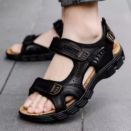 Sandálias masculinas clássicas de couro genuíno, sapatos de verão, casual, ao ar livre, praia, feriados, marca