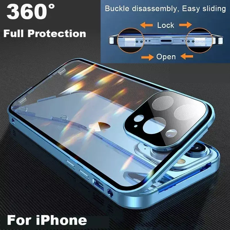 Transparente 360 ° Proteção total de metal magnético dupla face vidro imprensa caso de telefone para iphone 16e 16 pro max 14 13 12 15 pro max caso