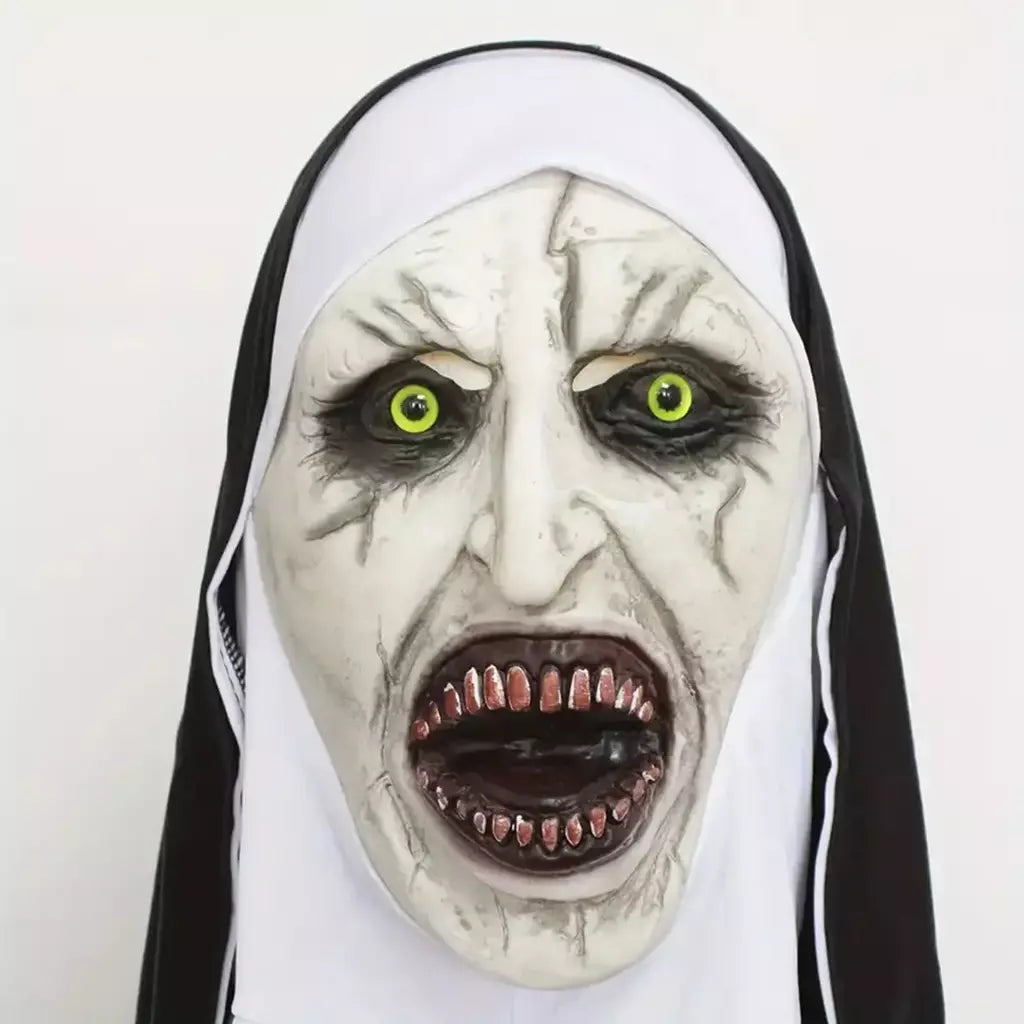 Horror a freira máscara cosplay assustador demônio sangrento fantasma rosto máscaras de látex com lenço festa de halloween traje adereços deluxe