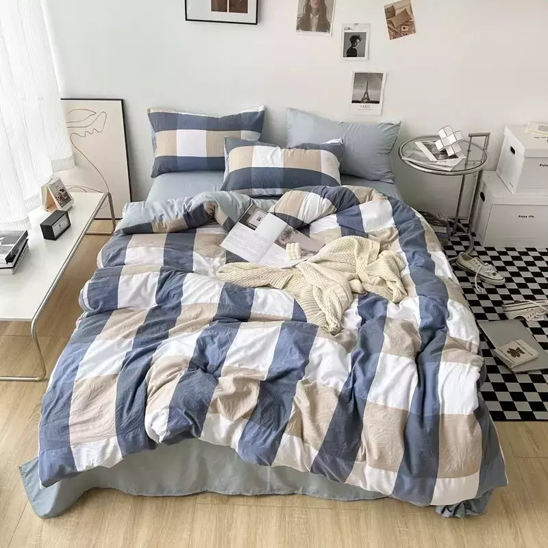 Conjunto de roupa de cama de algodão lavado, listrado, grade, lençol minimalista, consolador, capa de edredão rainha, duplo para meninos e meninas