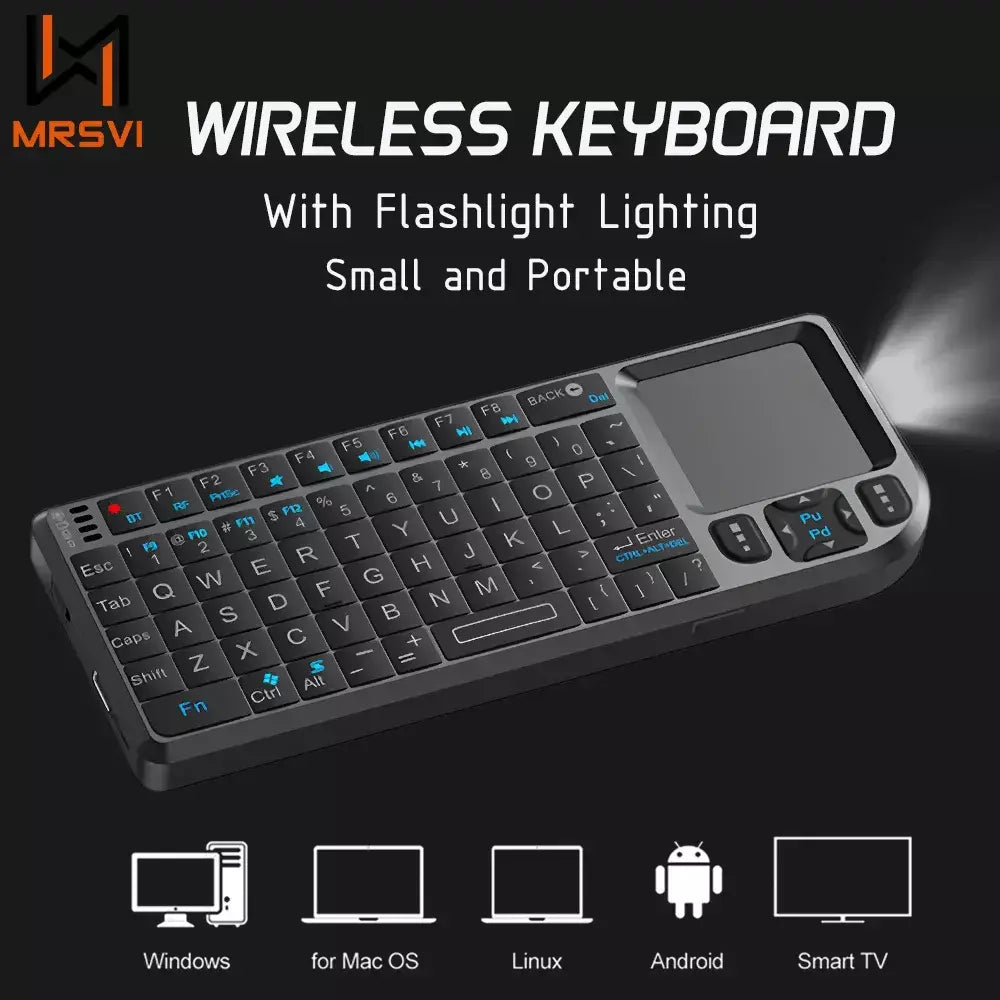 Mrsvi a8 mini teclado sem fio 2.4g 7 cores backlight touchpad mouse flashligt-portátil aplicável-perfeito para pc, caixa de tv inteligente