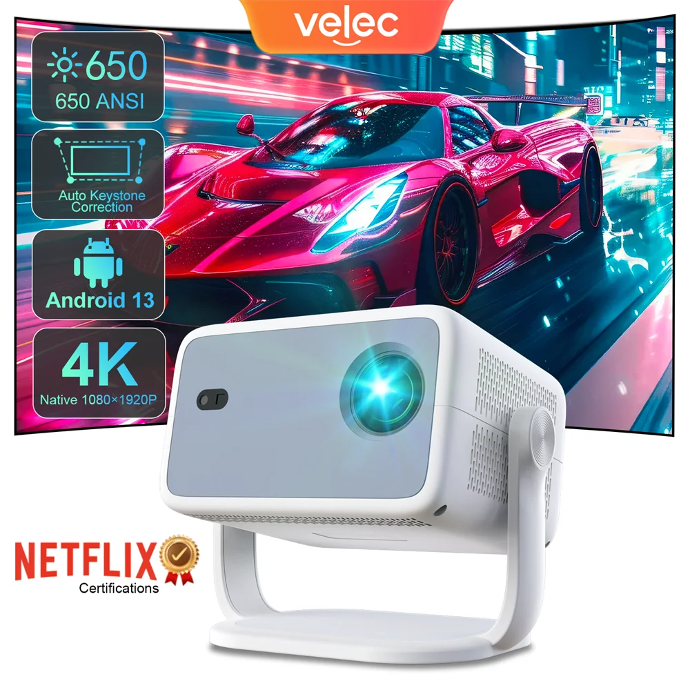 Projetor de certificação Velec Netflix Android 13 4K nativo 1080P 650ANSI com foco automático Wifi6 BT5.2 360 ° Projetor doméstico para exterior