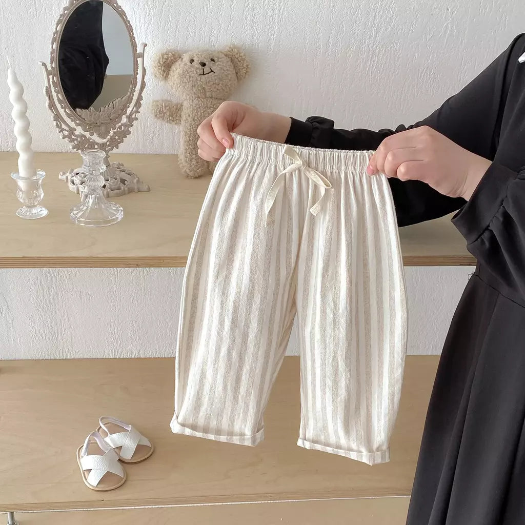Calças listradas de algodão de linho vintage para meninos casual bolso design elásticos calças de cintura para criança menina roupas crianças