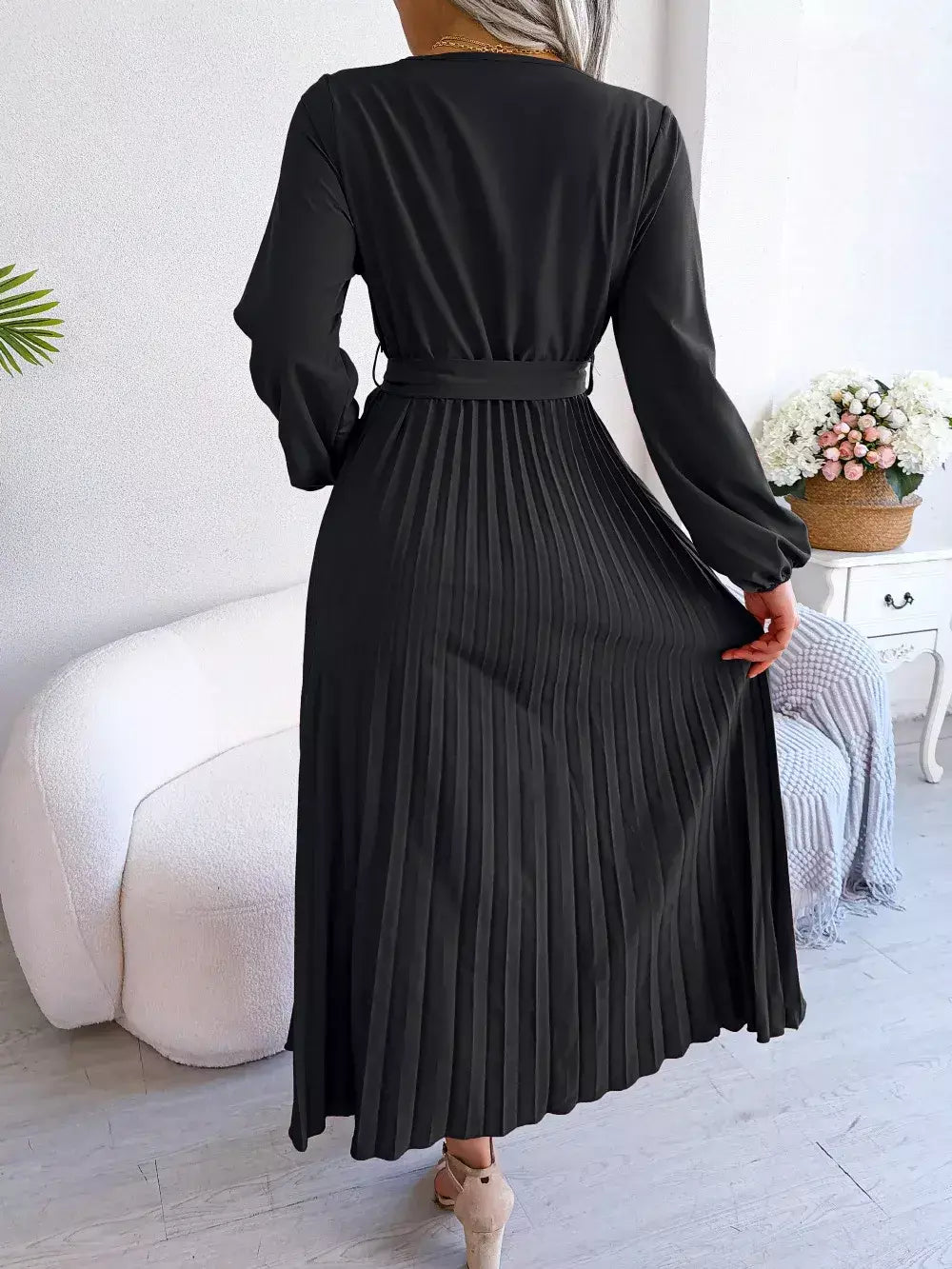 Elegante V Neck manga comprida das mulheres plissado vestido Maxi