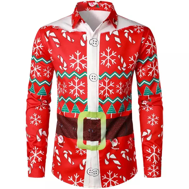 Engraçado feliz natal lapela camisas masculinas papai noel cosplay gráficos camisas de manga comprida, roupas masculinas ternos falsos camisas