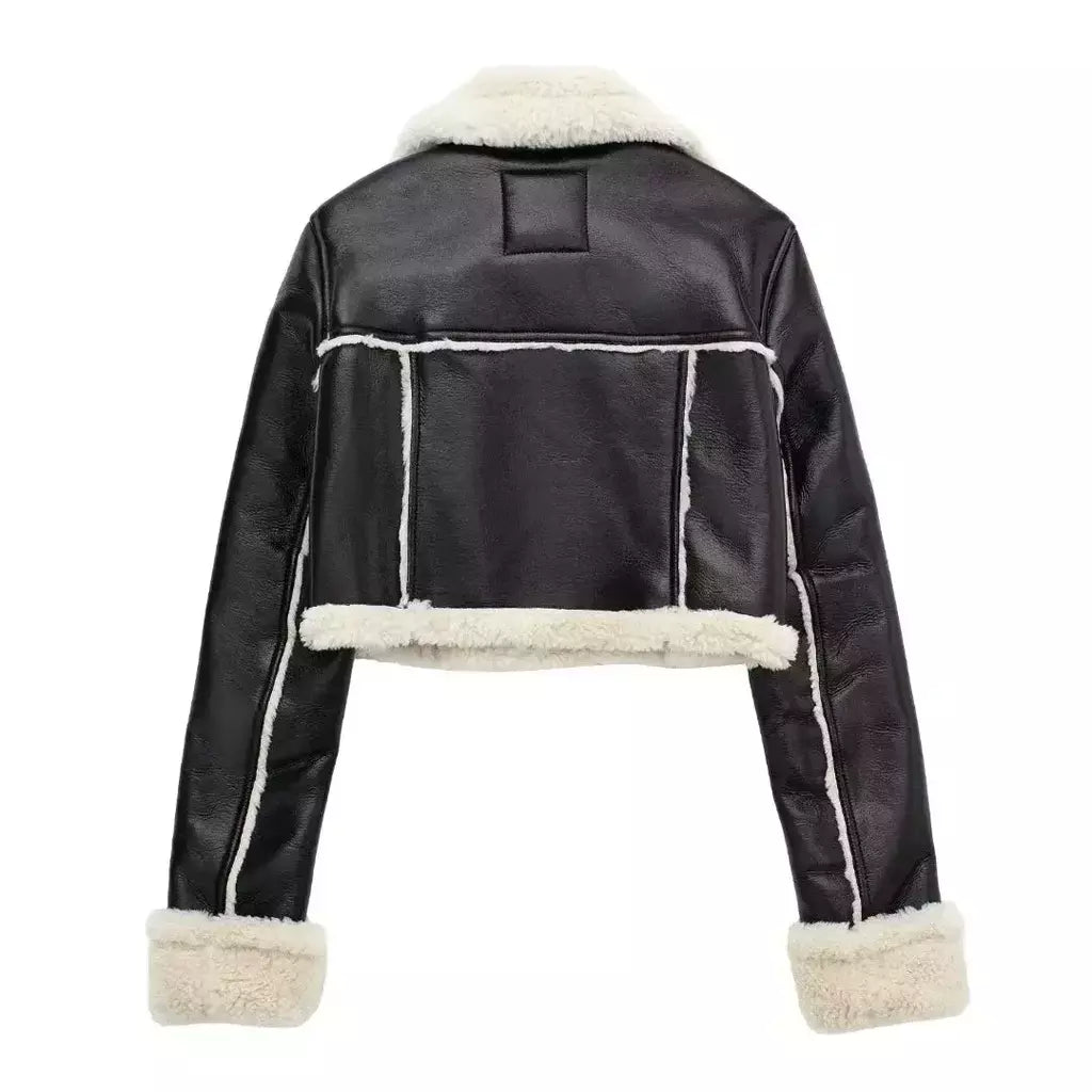 Jaqueta de shearling falso feminina, casaco de pele de carneiro, jaquetas retrô motociclista, tops, inverno